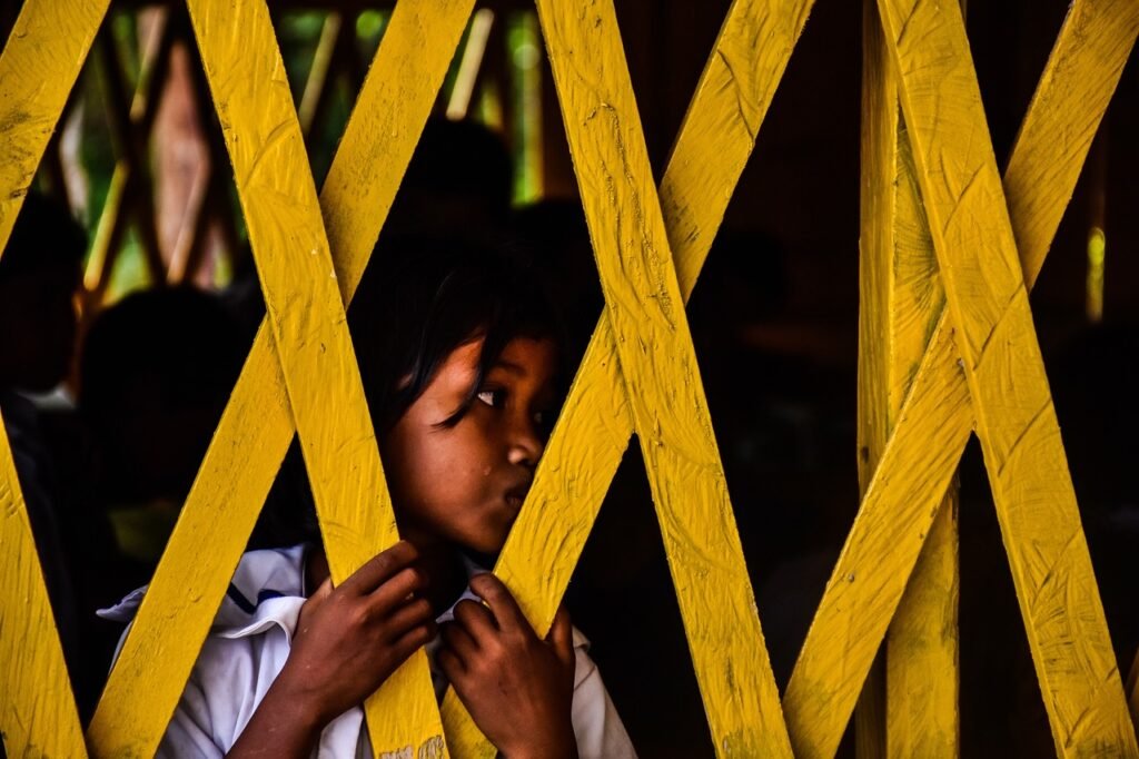 yellow, wood, fence, kid, girl, child, student, dark, classroom, brown classroom